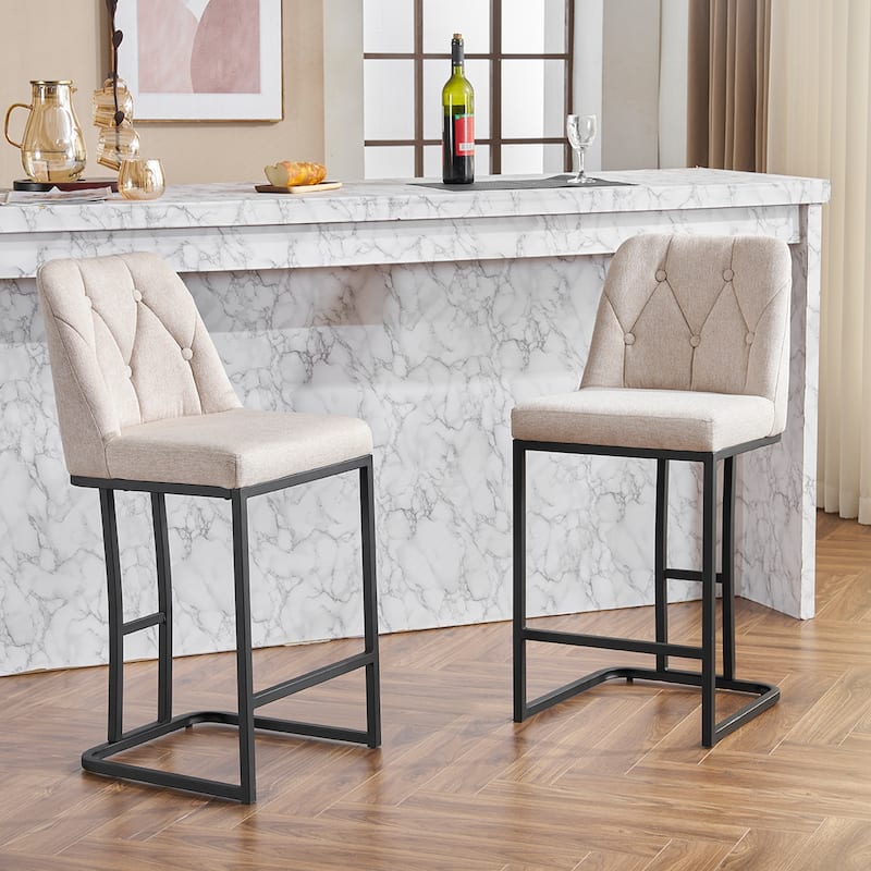 Counter Height Bar Stools Set of 2, 25.2'' Upholstered Bar Stools with Button-Tufted Backrest & Metal Frame for Kitchen, Bar