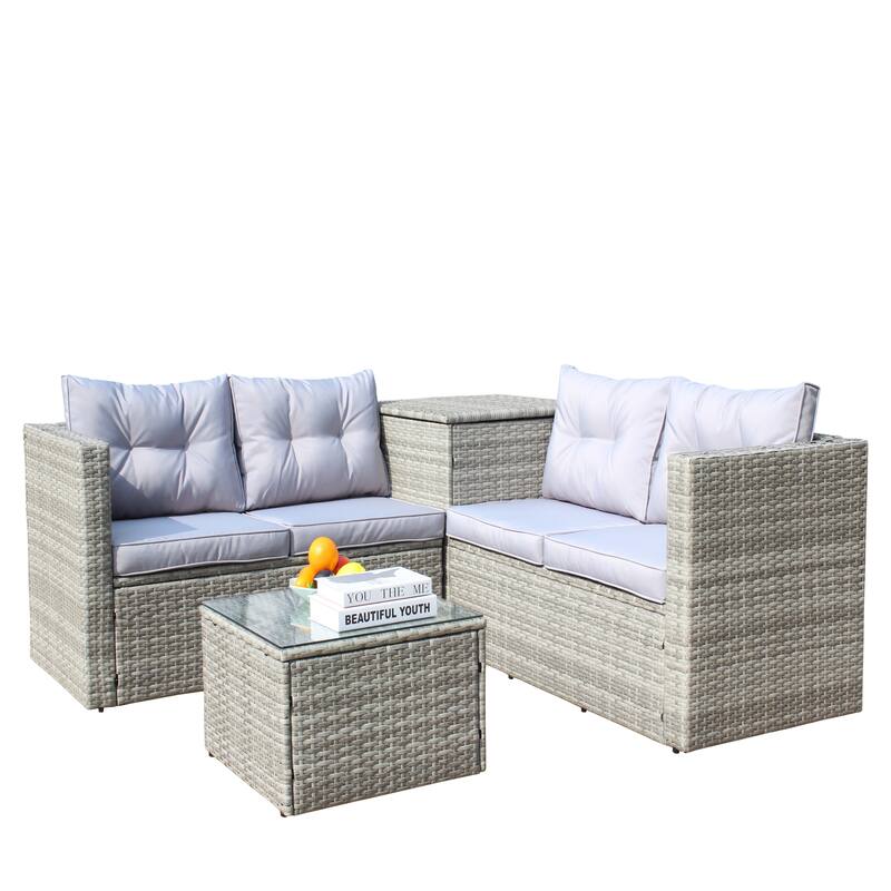 4 Pcs Patio Furniture Set, All Weather Outdoor Conversation Set, Wicker Rattan Sectional Sofa Set with Storage Box and Table