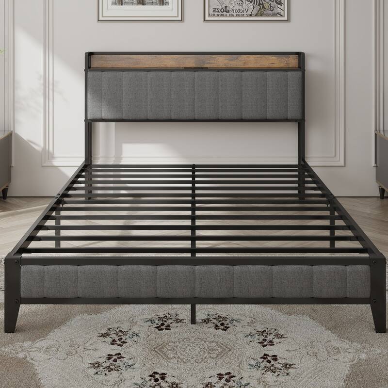 Queen Bed Frame with Charging Station, Upholstered Headboard, Metal Platform, Grey