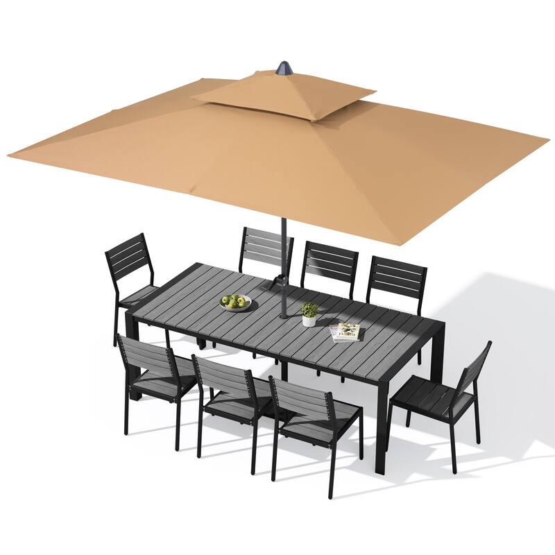 9/11-Piece Outdoor Dining Set w/10 ft Umbrella and Base Aluminum Dining Table and Stackable Chairs