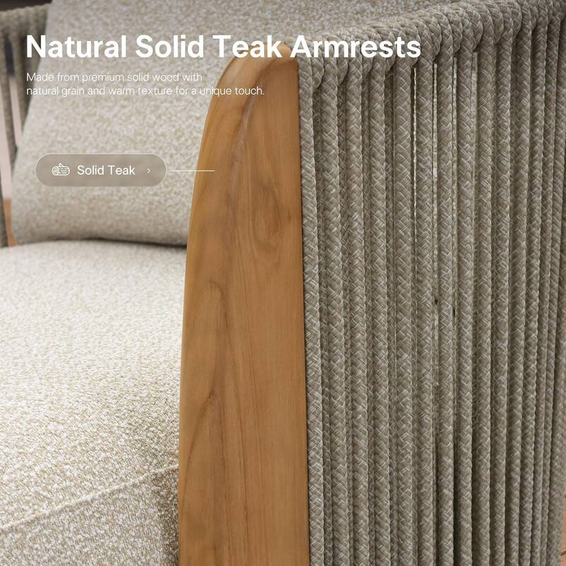 PURPLE LEAF Khaki Olefin Patio Chaise Lounge Chair with Teak Armrests Outdoor Upholstered for Deck Garden Courtyard Porch