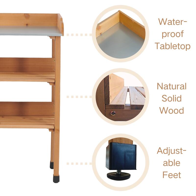 30"x14.5"x35.5" Potting Table w/Metal Tabletop, 3 Layers Outdoor Work Bench w/Hook, Solid Wood Workstation for Garage