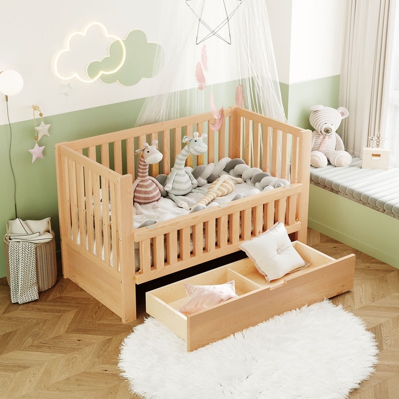Convertible Crib,Full Size Bed with Drawers and 3 Height Options