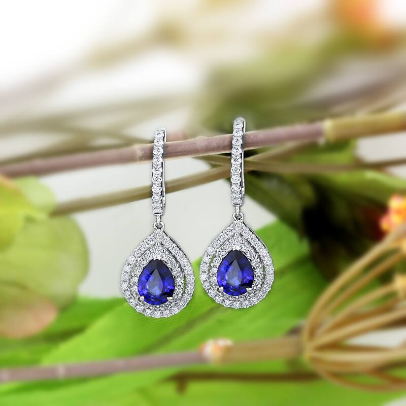 Auriya Fancy Teardrop 2 5/8ct Blue Sapphire and 1.03ct Diamond Double Halo Dangle Earrings 18k Gold