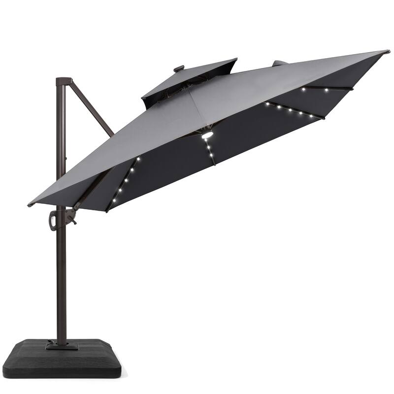 10X13 FT Outdoor Cantilever Patio Umbrella Solar LED Light with Weights Base - DarkGrey