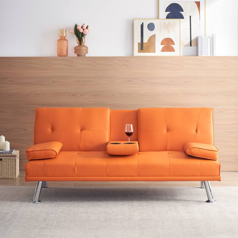 67-inch Leather Multifunctional Double Folding Sofa Bed with Tea - Orange