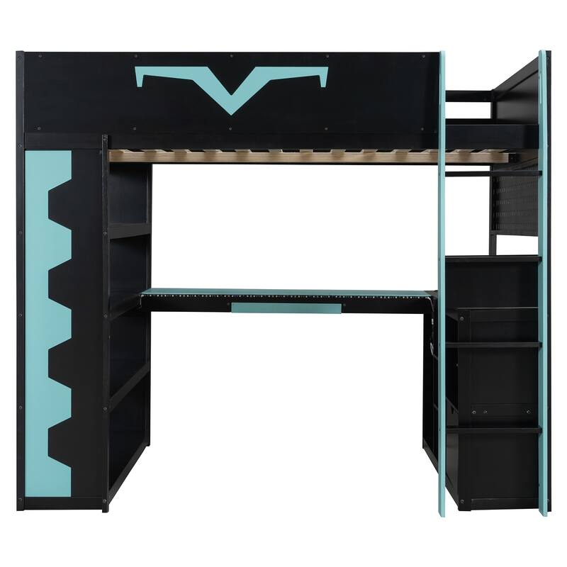 Full Size Gaming Loft Bed with Desk & RGB LED Lights, Pro-Gamer Setup with Pegboard, Keyboard Tray & Storage