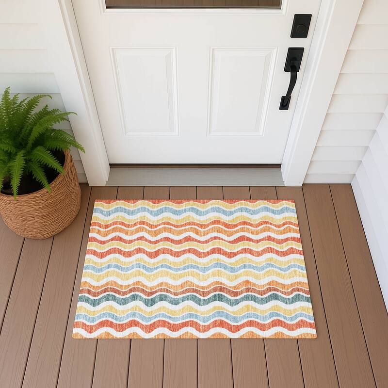 Machine Washable Indoor/ Outdoor Funky Stripe Chantille Rug - Coral - 1'8" x 2'6"