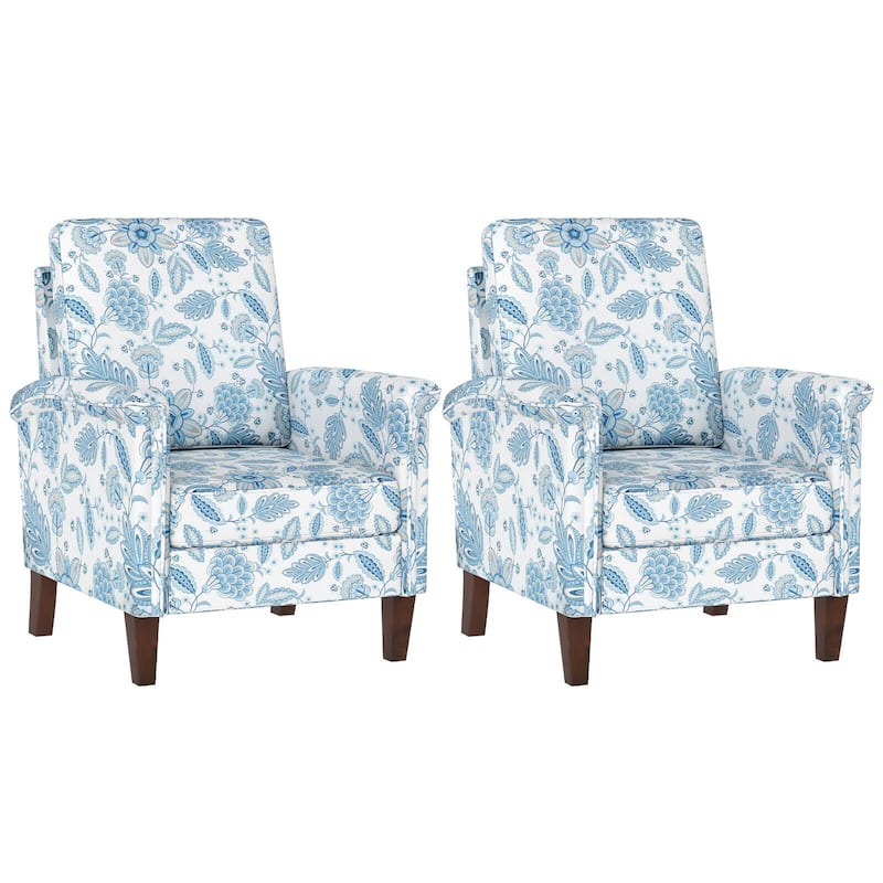 Costway 1/2 PCS Floral Accent Chair with Solid Wood Legs & High Back - See Details - Blue-2 PCS - Set of 2