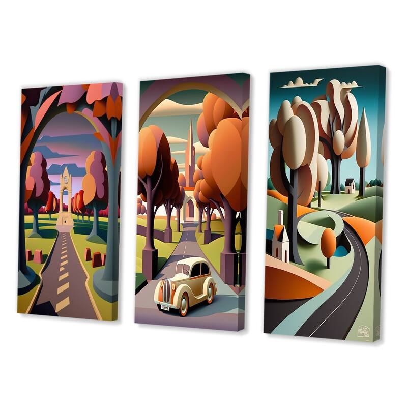 Designart "Road Through The Rustic Mountains I" Abstract Landscape Pink - Canvas Set Of 3 For Living Room Decor