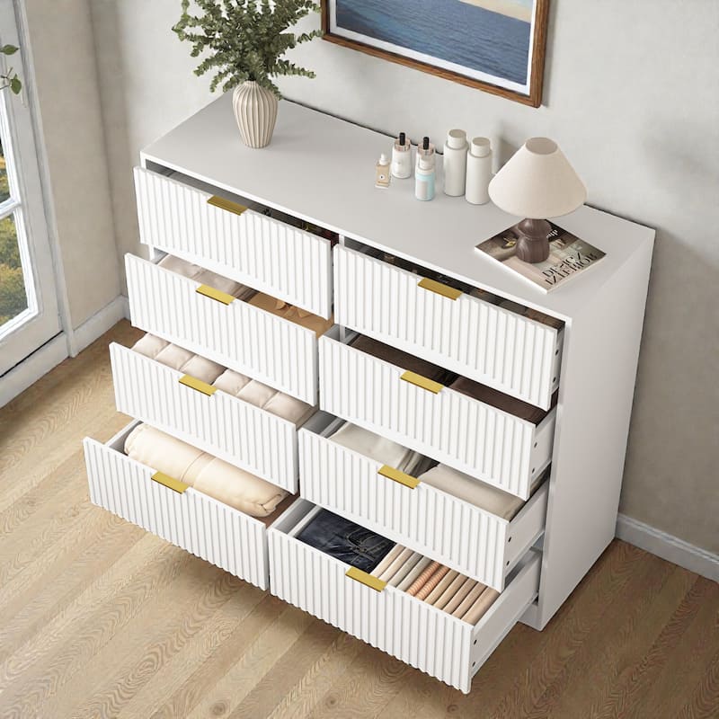 Modern 8 Drawer Dresser with Gold Metal Handles, 47.2 Inch Wide Wood Chest of Drawers for Bedroom Living Room