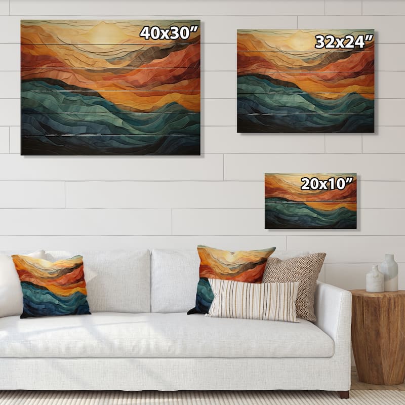 Designart "Coral Teal Bold Mountains Landscape" Modern Print on Natural Pine Wood