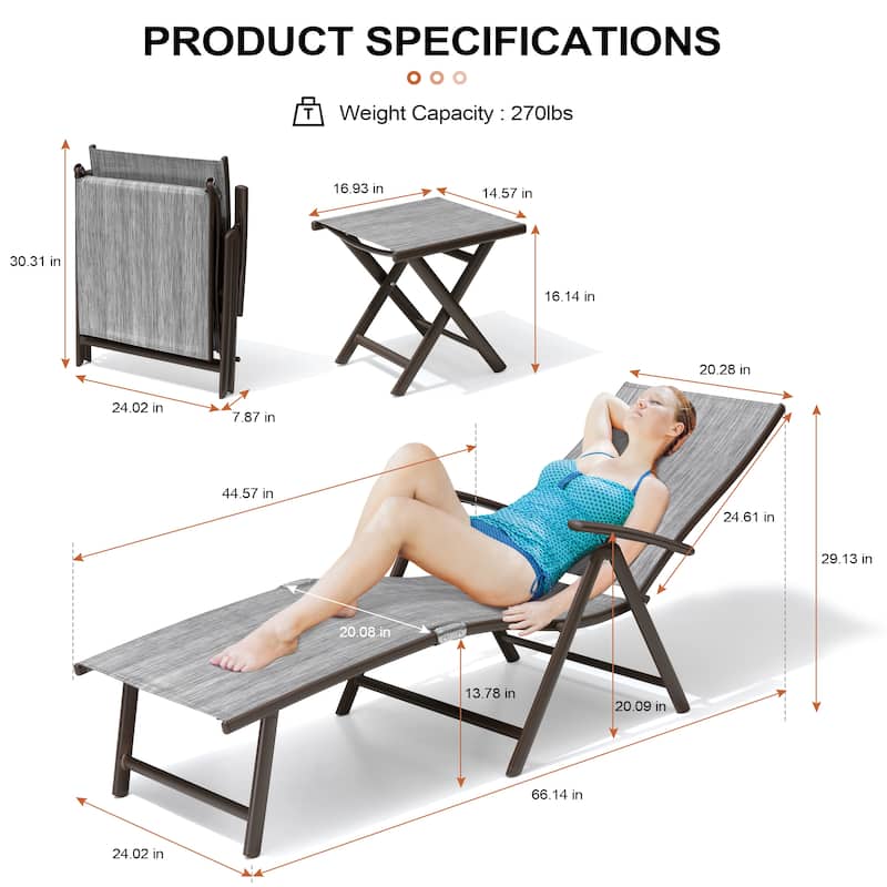 3-Pieces Outdoor Chaise Lounge Set Aluminum Adjustable Foldable Chaise Lounge Chairs and Side Table