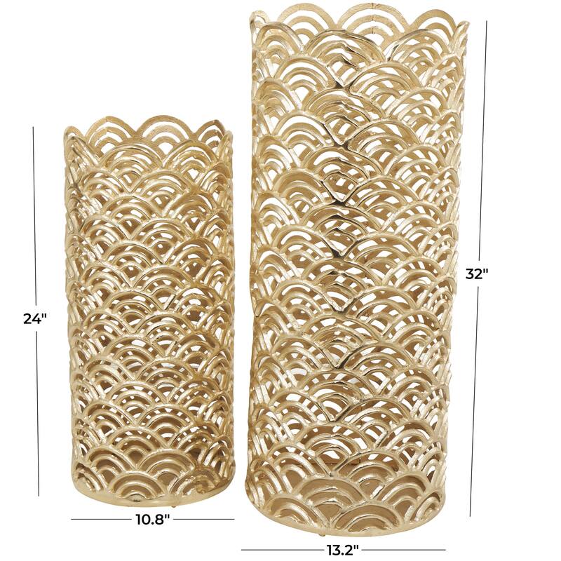Aluminum Metal Geometric Art Deco Inspired Decorative Vase with Arch Designs - Set of 2 Gold or Silver - Roche River Decor