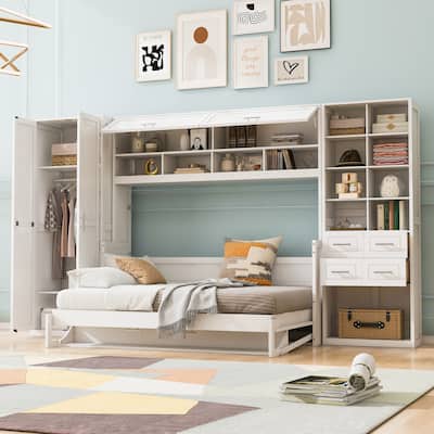 Full Size Murphy Bed with Storage Drawers & Shelf, Foldable Wooden Wall Bed with Side Wardrobe & Flip Design for Home Office