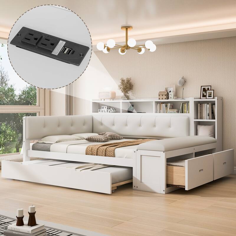 Full Size L-shape Daybed, Captains Bed with Trundle, Bookcase Built-in Charging Station, Upholstered Storage Bench and Headboard