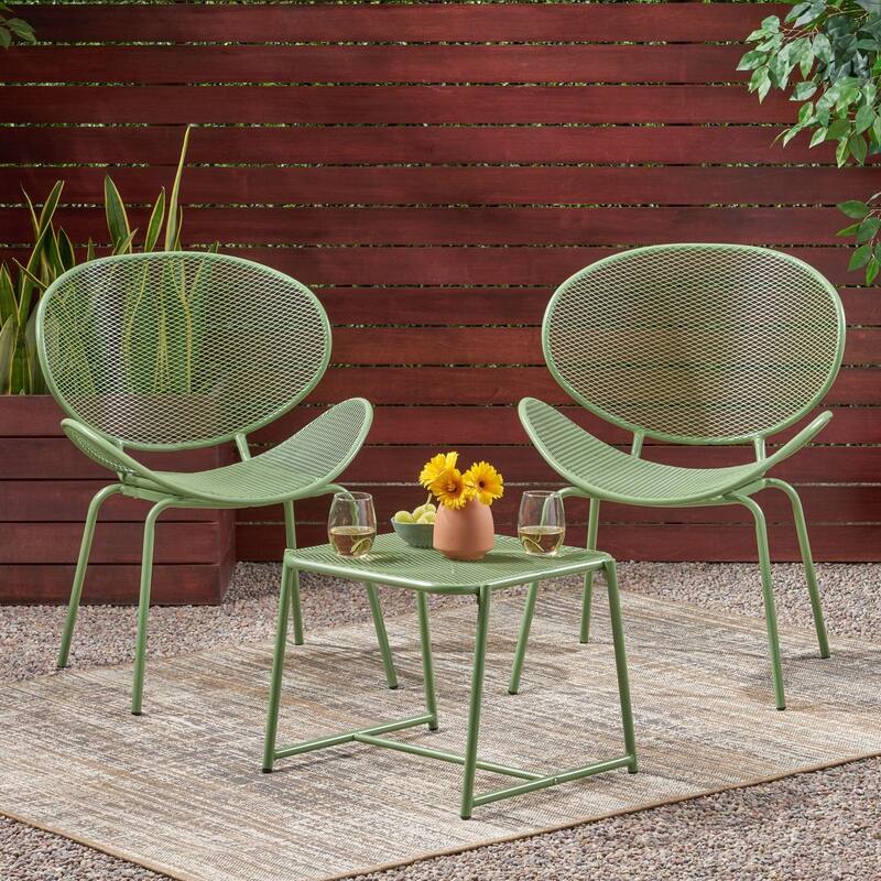 Roomfitters Outdoor Chat Set 3 Piece Metal Conversation Seating Mesh Design Iron Chairs