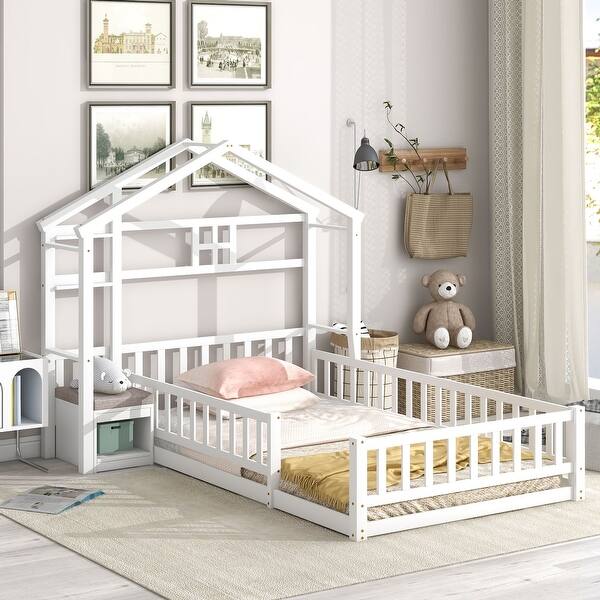 slide 2 of 17, Twin Size House-Style Headboard Floor Bed with Fence Guardrails and Cushion Stand - Stylish and Safe White