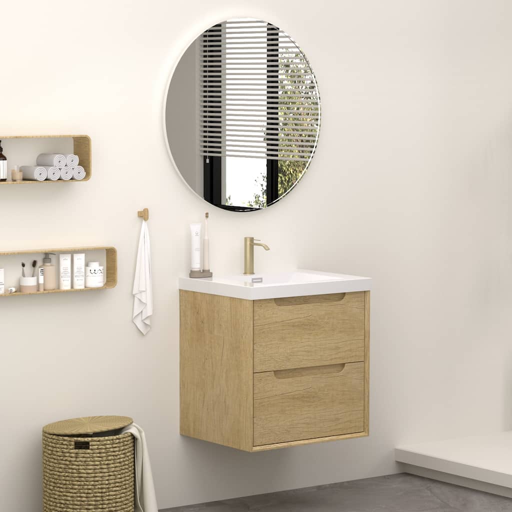 Solid Wood Bathroom Vanity with Integrated Resin Sink, Handle-Free Modern Design - 24"