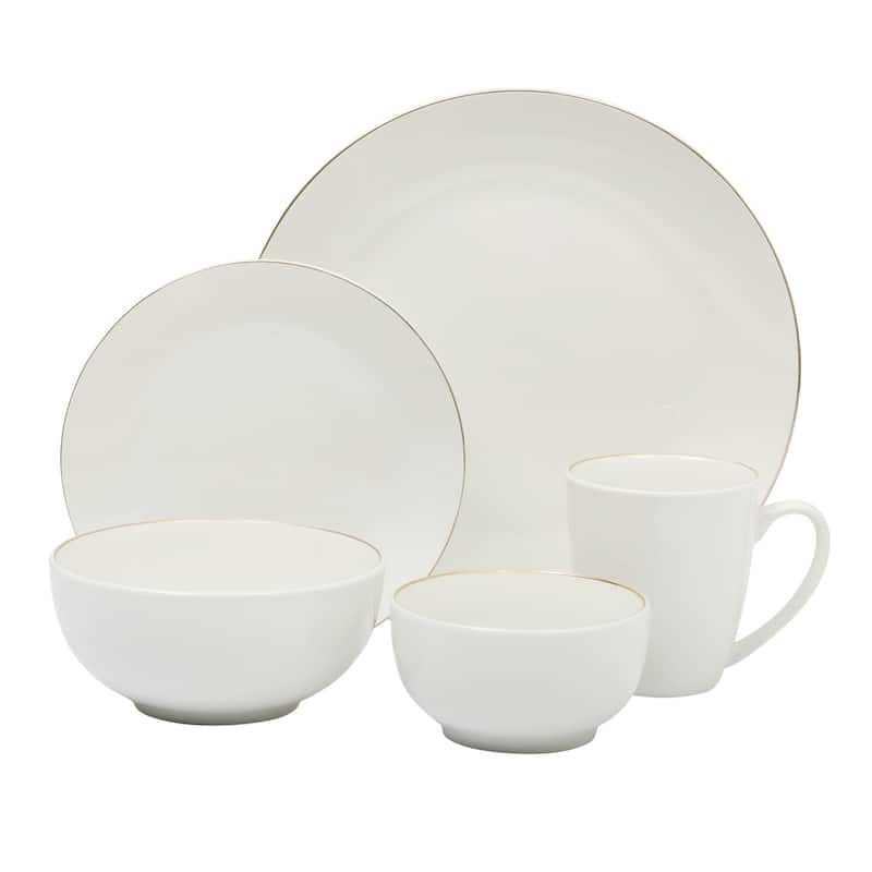Gibson Home Ogalla 30 Piece Plates, Bowls, & Mugs Dinnerware Set - Service for 6 - White Porcelain W/ Gold Band
