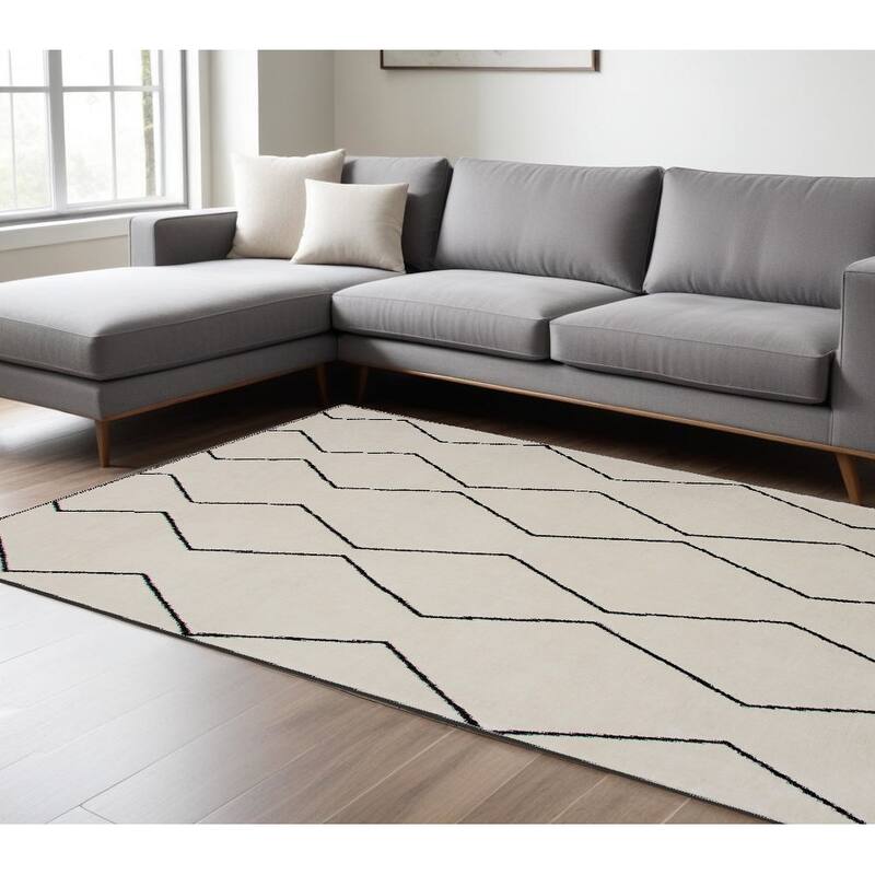Mujax Power Loomed Distressed Geometric Modern Non Skid Stain Resistant Durable Area Rug By HomeRoots - 8' X 11' - Cream/Onyx - Rectangle