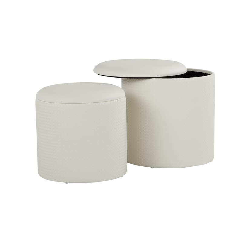 Maverick Contemporary Nesting Ottoman Set in Faux Leather with Textured Accent by LumiSource - Cream - Small