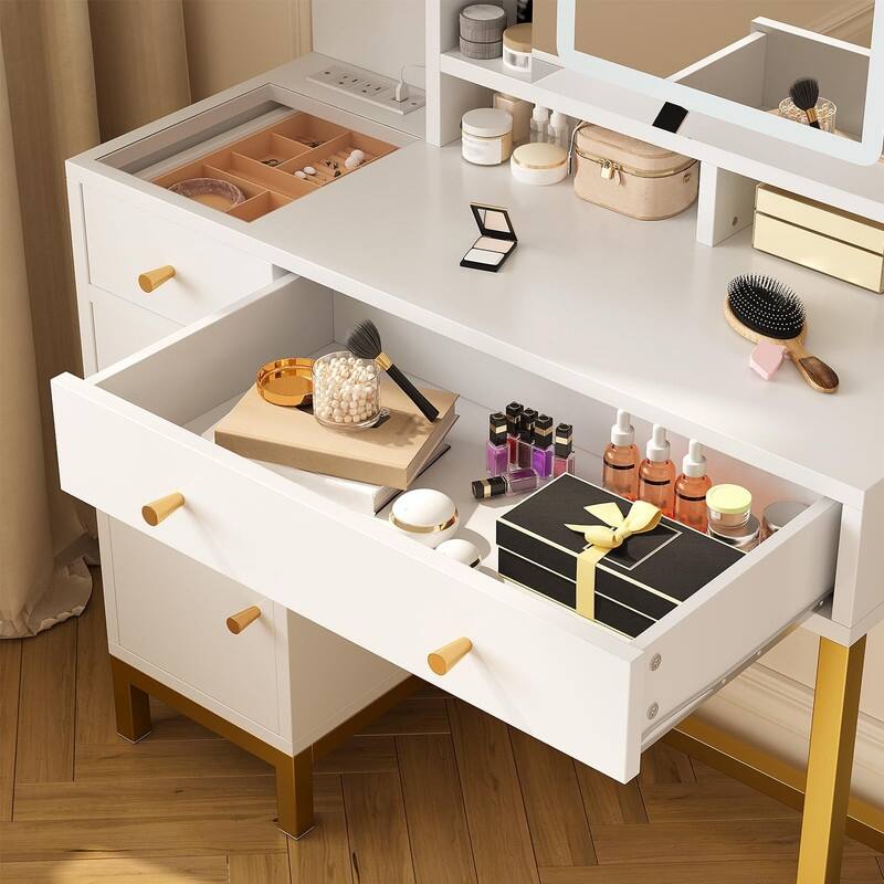 Makeup Vanity Desk with LED Lighting, Large Mirror, 3 Drawers, Cabinet & Open Shelves