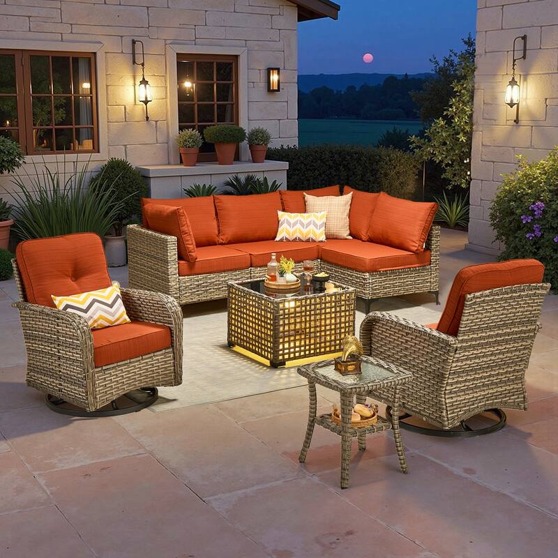 HOOOWOOO 8-piece Outdoor Seating Sofa Patio Wicker Swivel Chair Set - Red/Orange