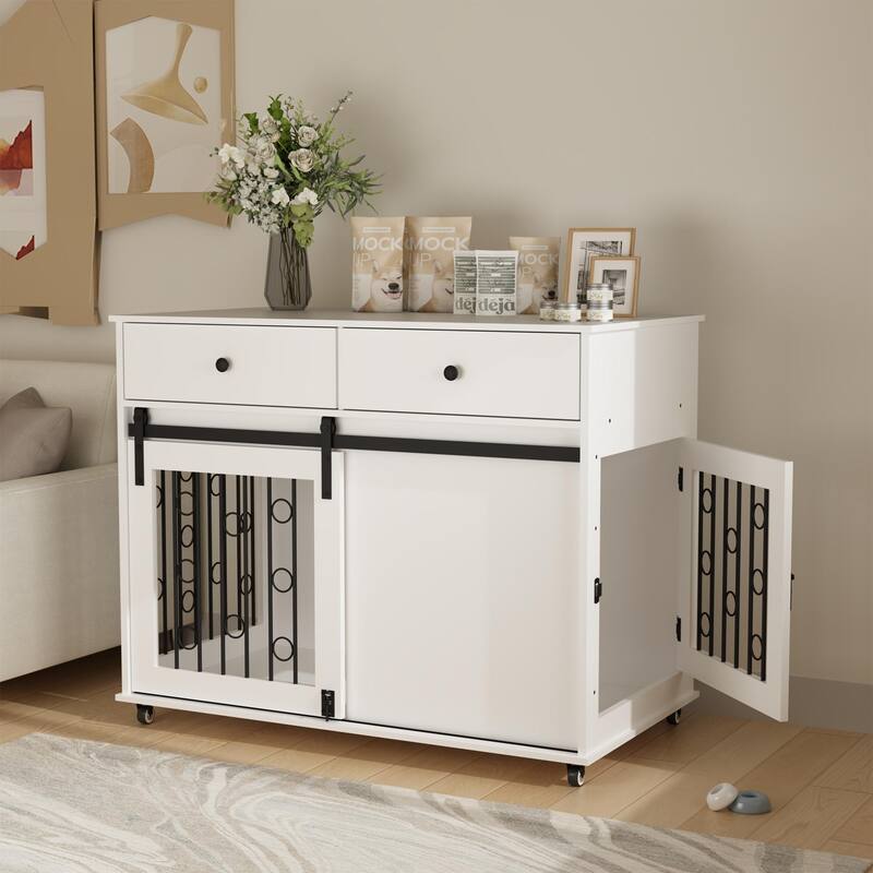 39.37" Dog Crate Furniture with Double Drawers and Sliding Barn Door, Decorative Pet Kennel End Table with Lockable Wheels