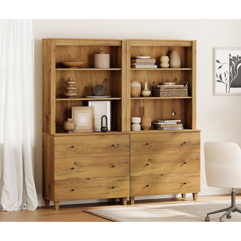 WAMPAT Modern 71" Tall Bookcase with 6 Drawers, 2 Columns 3-Tier