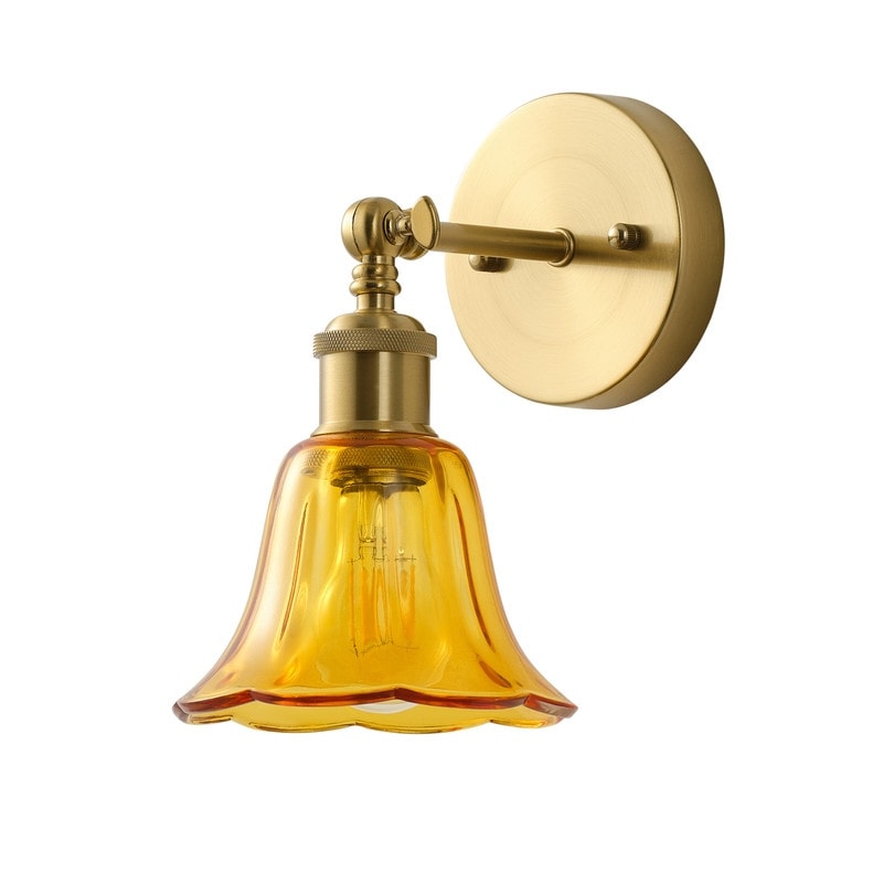 Vintage Amber Glass Wall Sconce Gold Metal Light Fixture for Bedroom Living Room Entryway