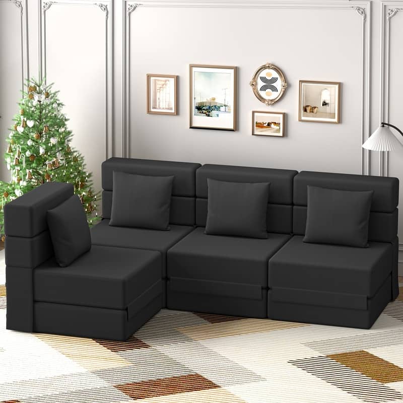 Corduroy Compression Convertible Folding Sectional Sofas (Set of 4) - Black Corduroy