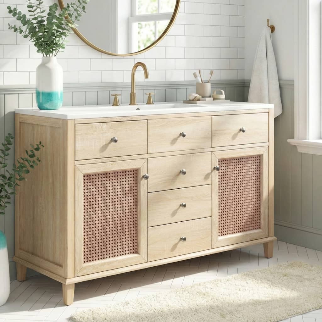 Christopher Knight Home - Modern Handwoven Rattan Bathroom Vanity with Ceramic Sink, Soft-Close Storages & Adjustable Shelving