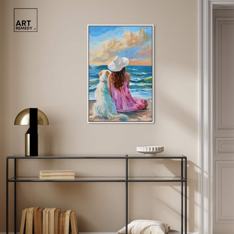 Art Remedy Girl And Her Best Friend Framed Colorful Coastal 1 Piece Canvas Wall Art