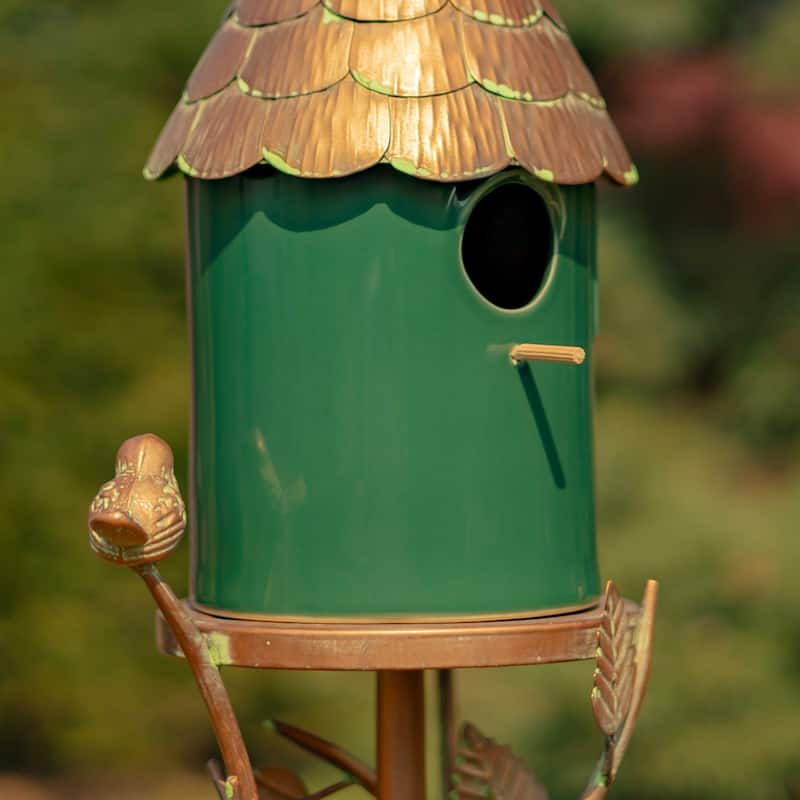 68.75" Tall Iron & Dark Green Porcelain Birdhouse Stake "Prague" - 8.5" L x 6.25" W x 68.75" H