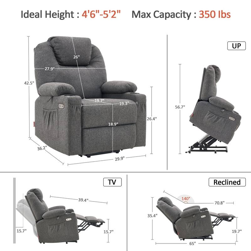 MCombo Small Power Lift Recliner Chair Sofa with Massage and Heat, 3 Positions and USB Ports Extended Footrest, Fabric 7141