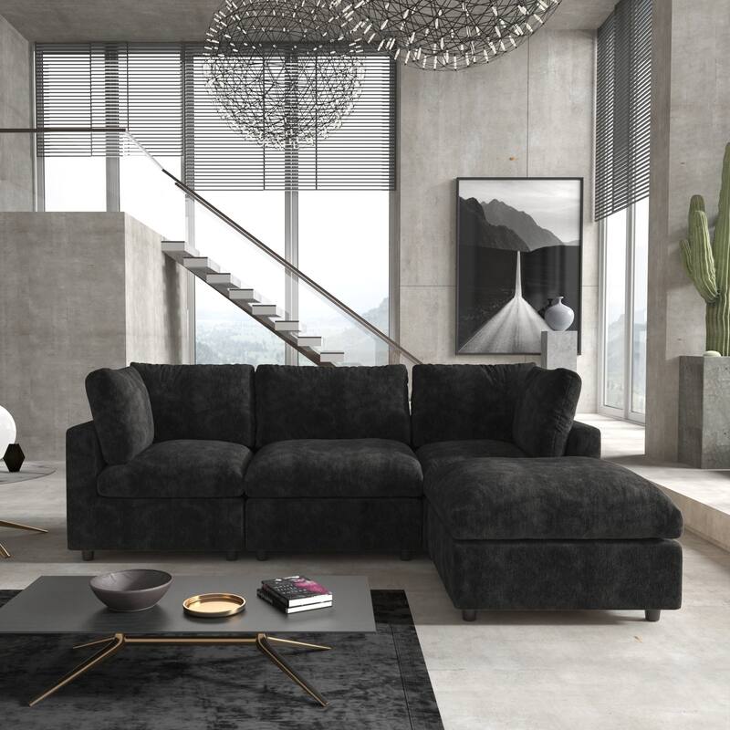 Modern L-shaped Sectional Sofa for Living Room,Chenille Modular Couch, Removable Cover, Spring Cushions, Solid Wood Frame - Black