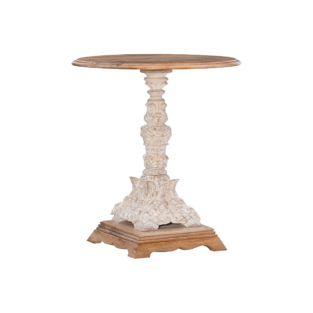 30 Inch Side End Table, Round Wood Top, Floral Carvings, Brown, White