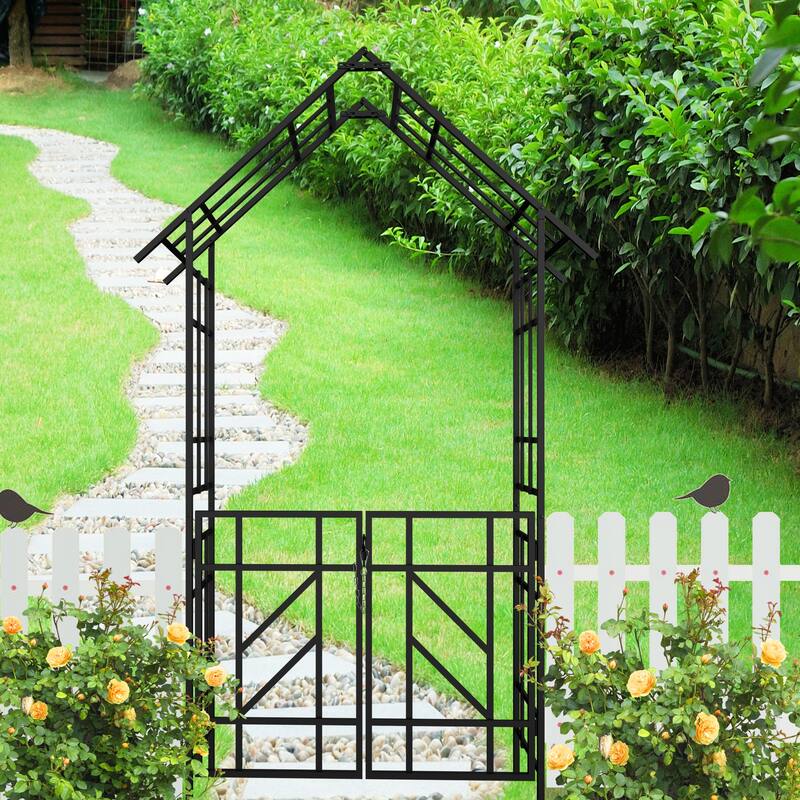 Metal Garden Arch with Gate W58.07*H97.24 Climbing Plants Support Rose Arch Outdoor