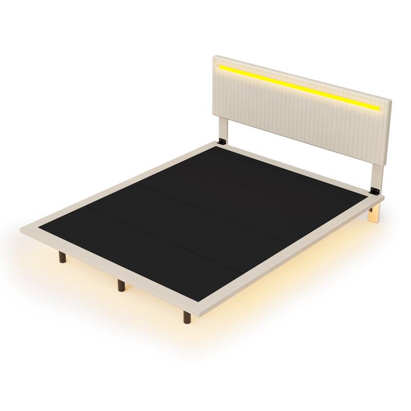 Modern Upholstered Floating Bed Frame with LED Lights, Vertical Channel Design Velvet Fabric Bed, Queen Size, Beige