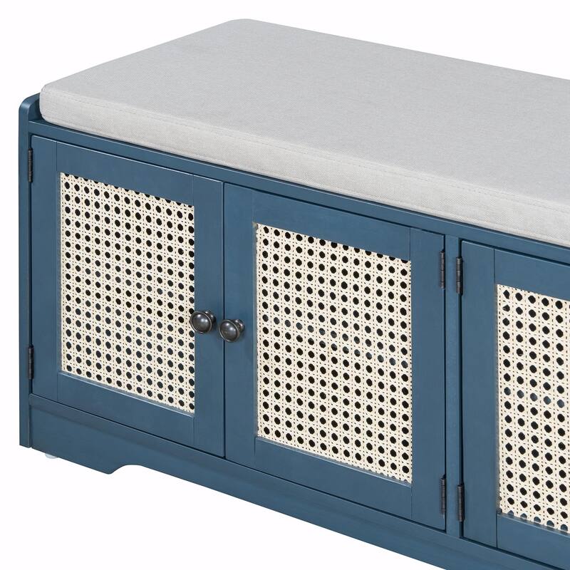Rustic Storage Bench with Removable Cushion, Woven Rattan Doors & Adjustable Shelves