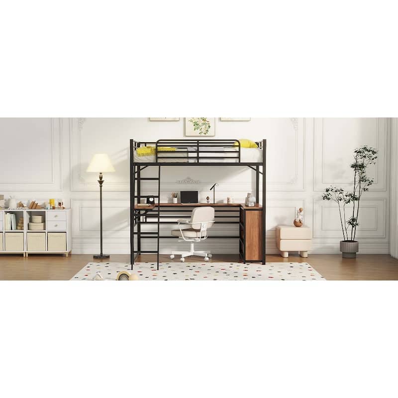 Metal Loft Bed with 3 Layers of Shelves and L-shaped Desk