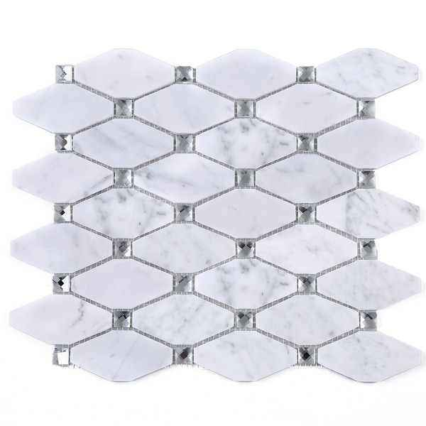 TileGen. Long Diamond Shape Cyrstal Marble Mosaic Tile in White Carrara Floor and Wall Tile (10 sheets/11sqft.). Opens flyout.