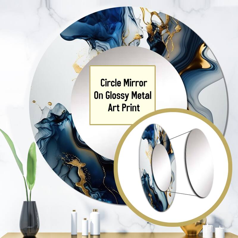 Designart "Abstract Geode Marble Blue I" Marble Abstract Wall Mounted Round Mirror - Blue Modern Large Mirror Wall Décor