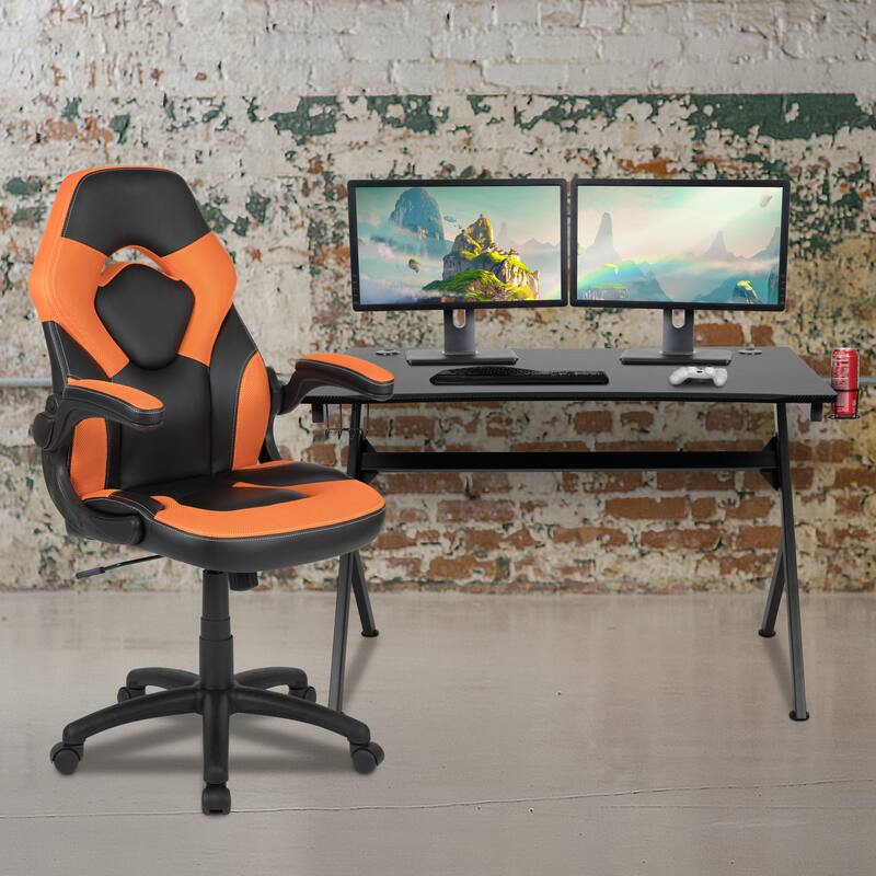 Gaming Desk Bundle - Cup/Headphone Holders, Wire Management - Orange