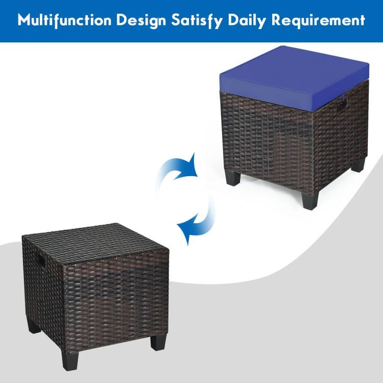 2PCS Patio Rattan Ottoman Cushioned Seat-Navy - 16" x 16" x 18" (with cushion)