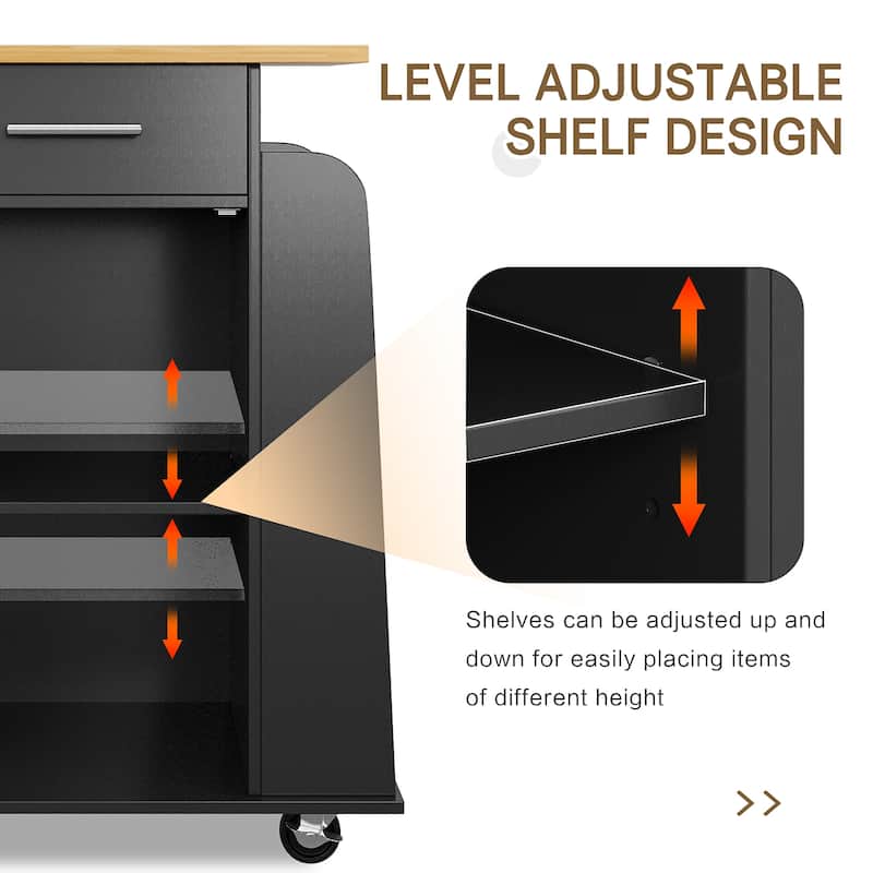Rolling Kitchen Island with Storage Cabinet & Spice Rack & Drawer – Rubber Wood Top