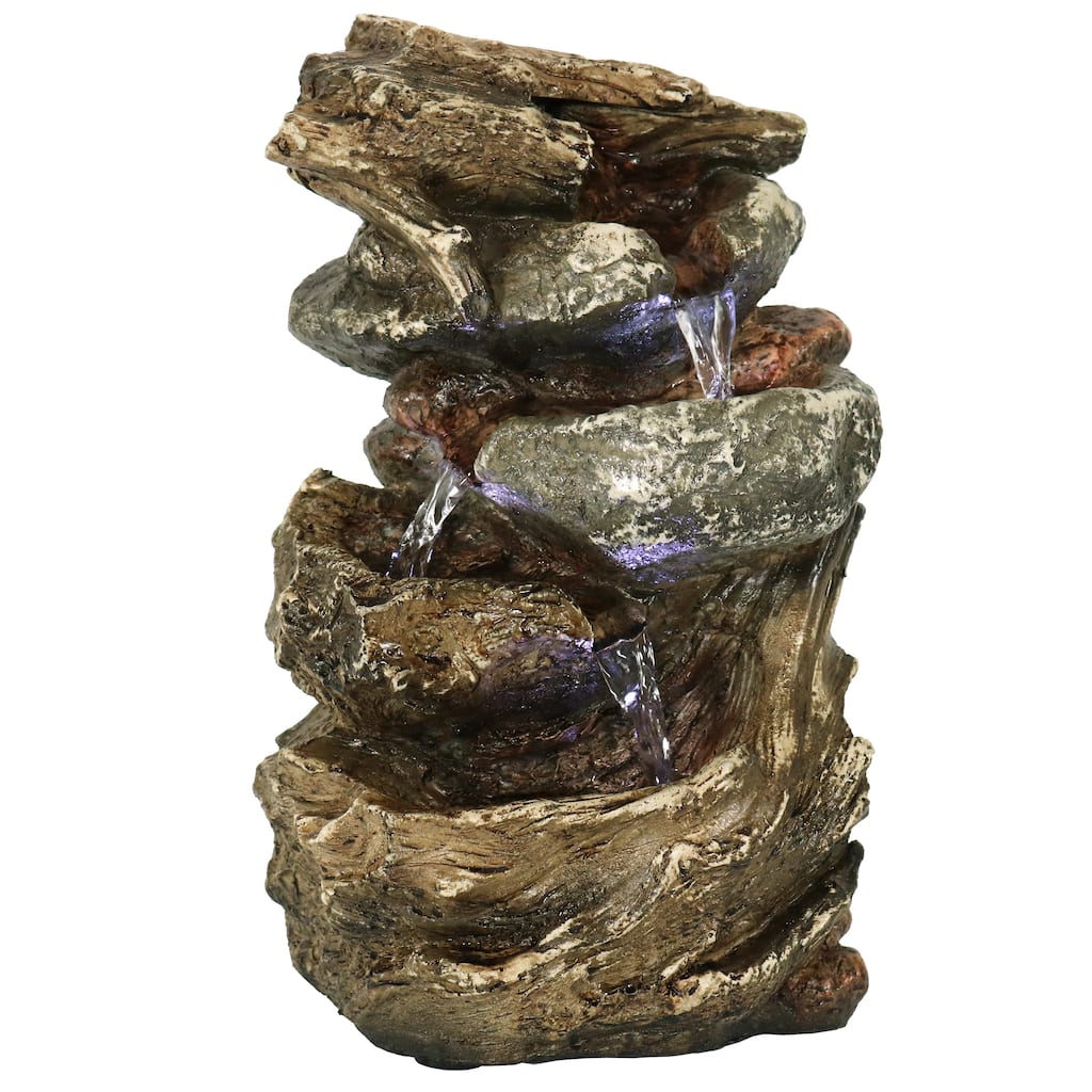 Sunnydaze Tiered Rock and Log Tabletop Fountain with LED Lights - 10.5-Inch