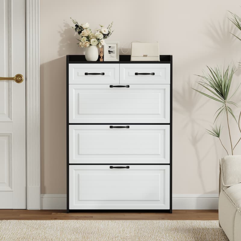 Shoe Cabinet with 3 Doors 2 Drawers, PVC Door with Shape, Large Space for Storage - White+Black