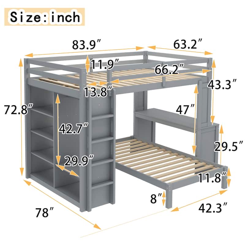 Queen Size Loft Bed & Twin Size Platform Bed Set, Wood Bunk Bed with Built-in Desk, Open Shelves and Wardrobe, Queen Over Twin